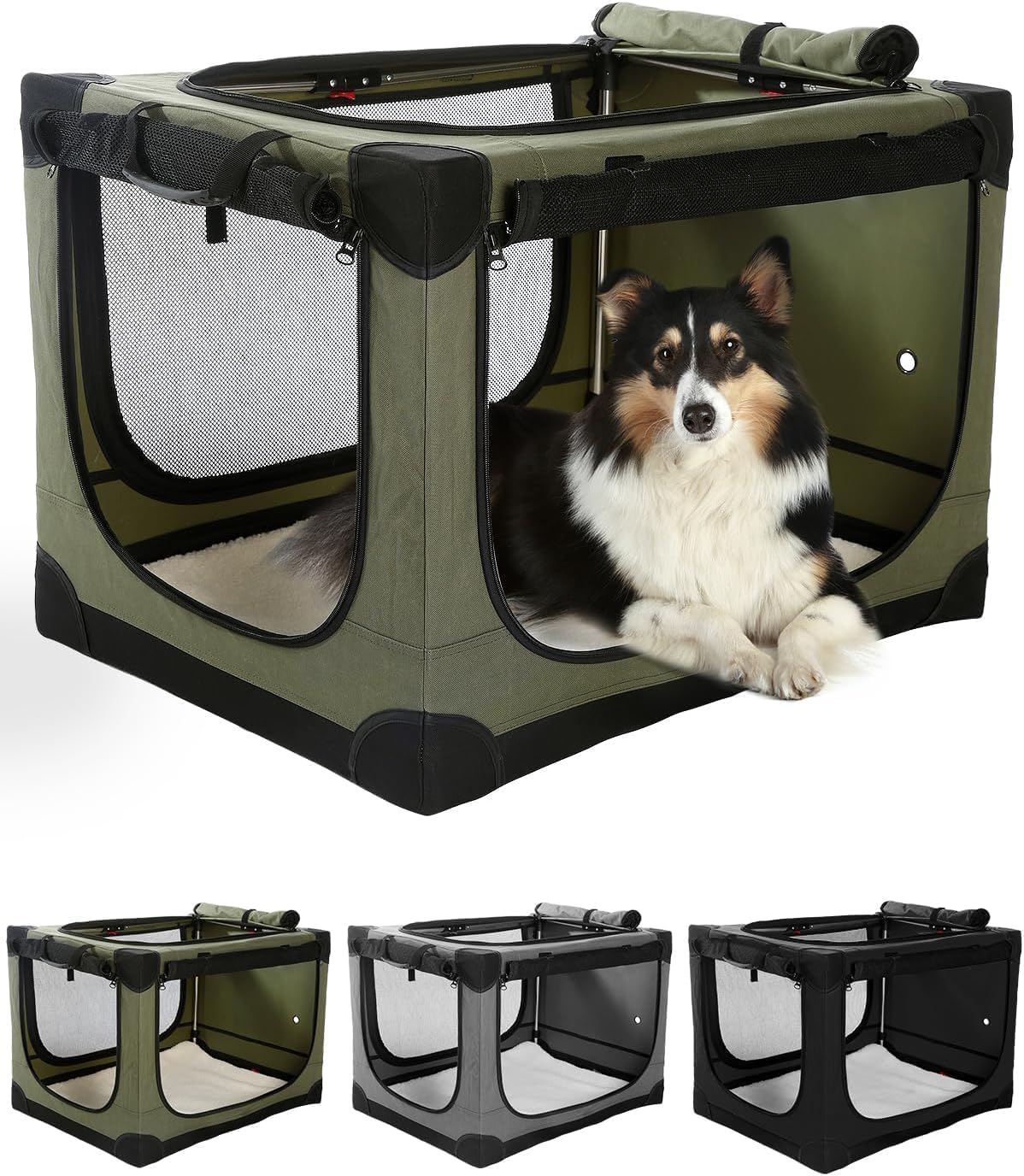 Veraste 30 Inch Collapsible Travel Dog Crate for Medium Large Dogs, Portable Dog Crate 4-Door Foldable Soft Kennel with Chew-Proof Mesh Windows for Indoor & Outdoor, with Storage Bag（Green）