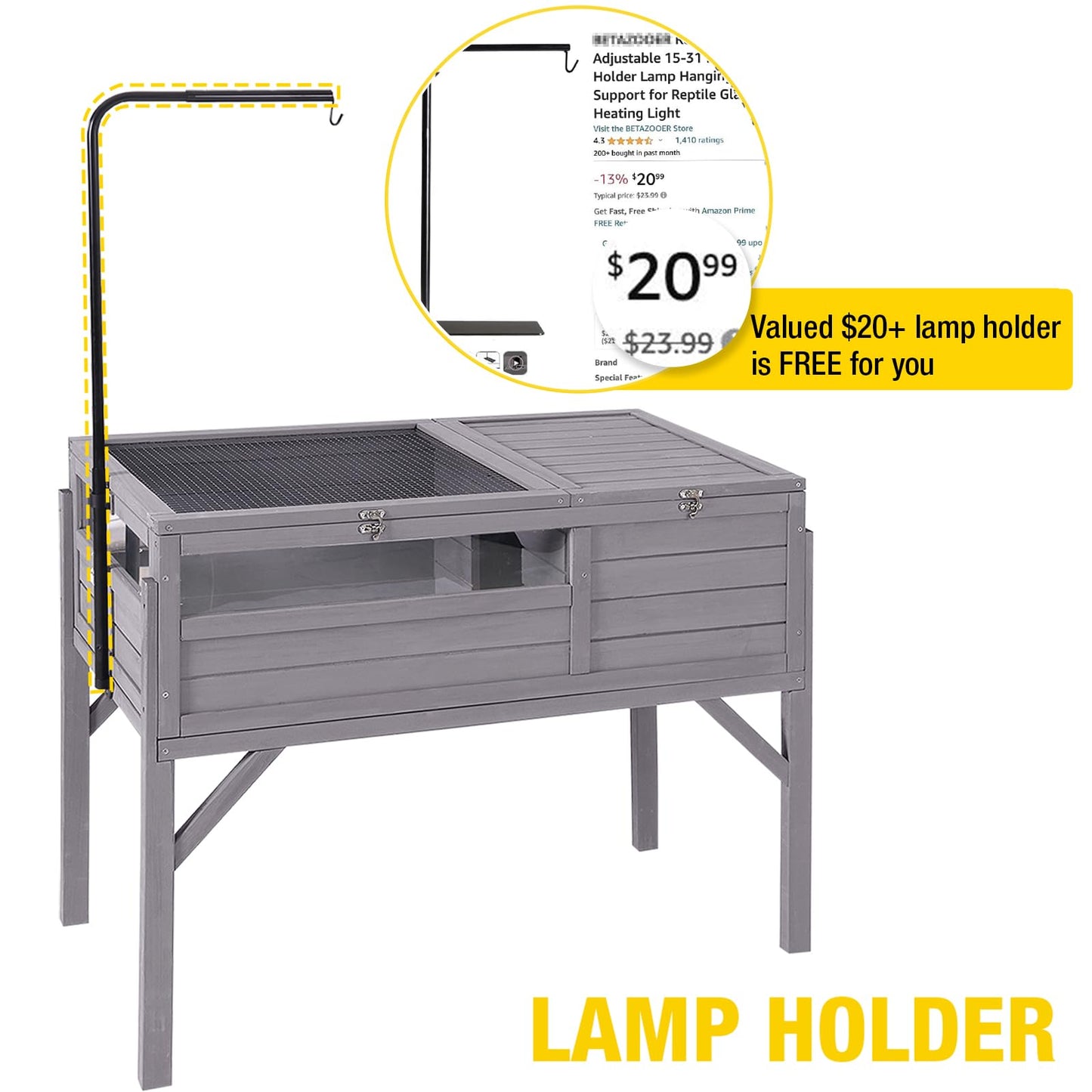 Aivituvin Tortoise Habitat Turtle Enclosure, Wooden Tortoise House Reptile Cage for Small Animals Indoor-Outdoor, Adjustable Lamp Holder Included