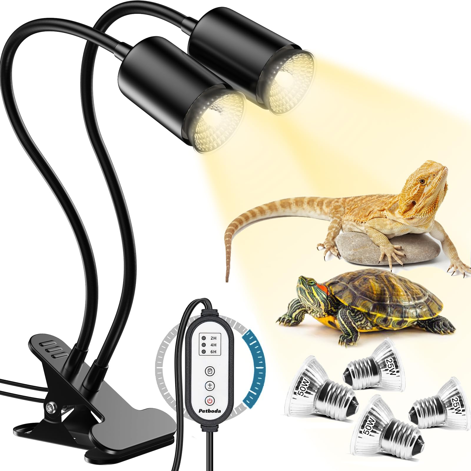 Petboda Reptile Heat Lamp, Dual Head UVA/UVB Reptile Light with Cycle Timer, Dimmable Basking Light for Turtle Tortoise Lizard Snake Bearded Dragon and More, 4 Bulbs Included (Black) - Furr-Reel