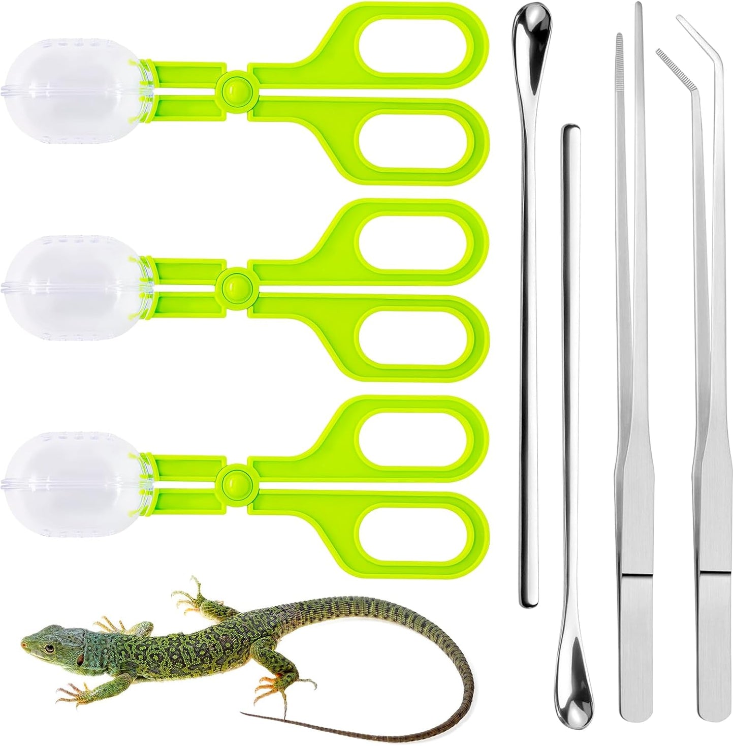 Yauhar 7Pcs Reptile Feeding and Cleaning Tool Set Contains Stainless Steel Long Tongs Tweezers with Rubber Tip, Feed Clamp and Scoop for Tortoise Lizard Frog Spider Crested Gargoyle Bearded Dragon