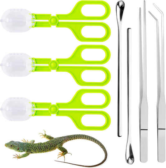 Yauhar 7Pcs Reptile Feeding and Cleaning Tool Set Contains Stainless Steel Long Tongs Tweezers with Rubber Tip, Feed Clamp and Scoop for Tortoise Lizard Frog Spider Crested Gargoyle Bearded Dragon