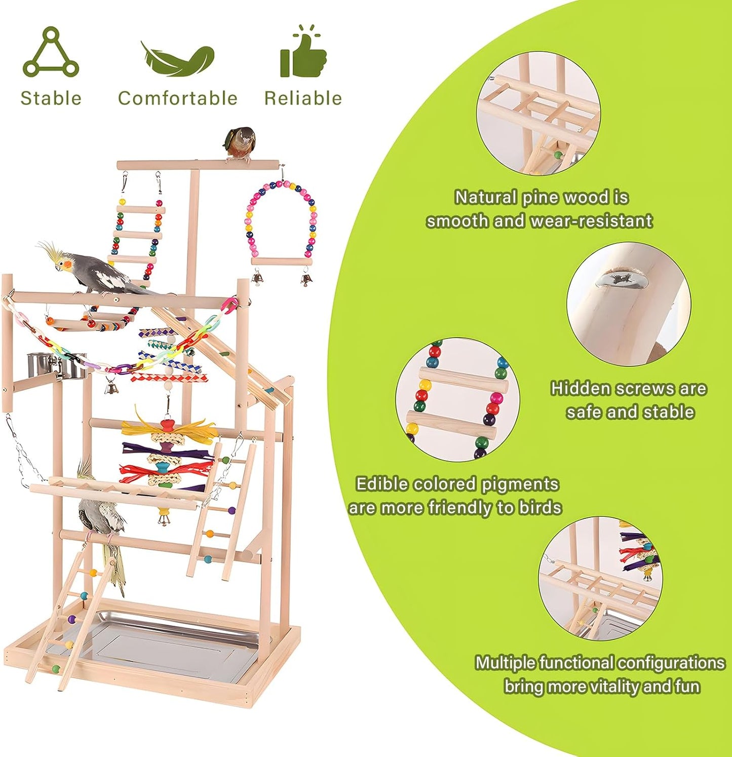 Bird Playground, Bird Stand, Pet Bird Parrot Playground, 4 Layers Pet Parrot Playstand with Exercise Toys Swings Feeder Cups, Bird Play Stand Wood Perch Gym Playpen Ladder for Cockatiel Parakeet Furr-Reel