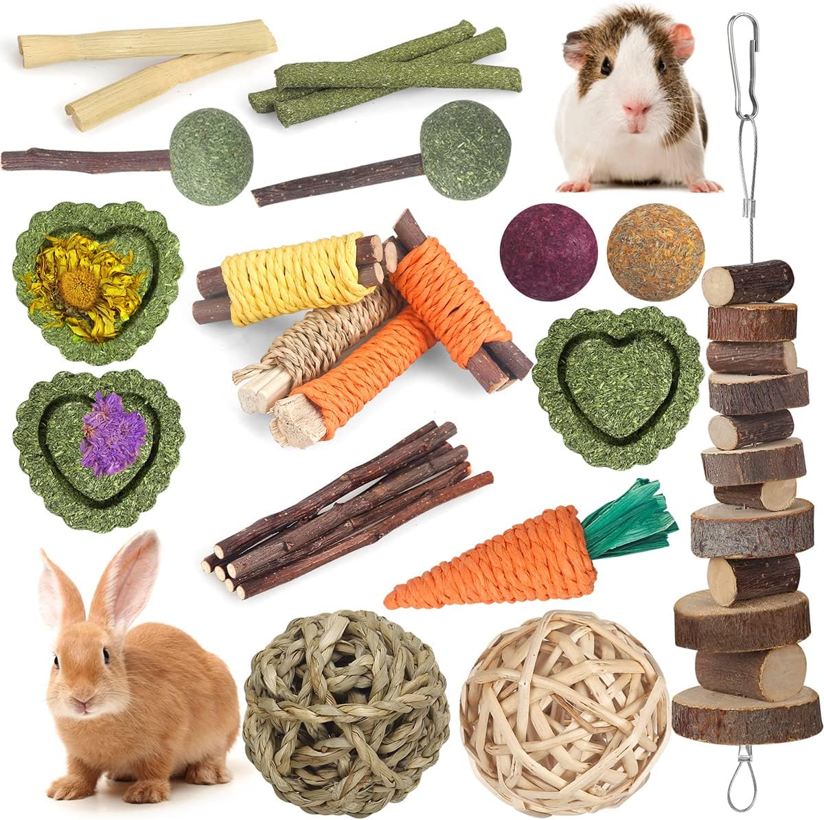 Rabbit Toys Guinea Pig Toys Hamster Toys Bunny Toys 18Pcs Natural Timothy Hay Sticks Apple Wood Sticks Chinchilla Toys for Teeth Care Handmade
