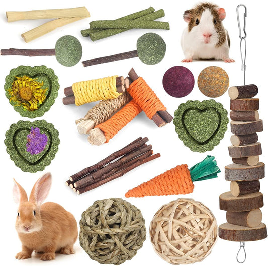 Rabbit Toys Guinea Pig Toys Hamster Toys Bunny Toys 18Pcs Natural Timothy Hay Sticks Apple Wood Sticks Chinchilla Toys for Teeth Care Handmade