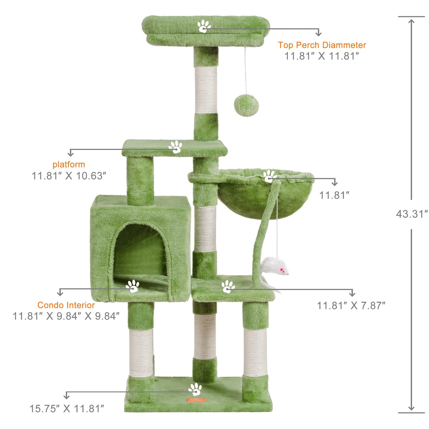 Heybly Cat Tree with Toy, Cat Tower condo for Indoor Cats, Cat House with Padded Plush Perch, Cozy Hammock and Sisal Scratching Posts, Light Gray HCT004SW