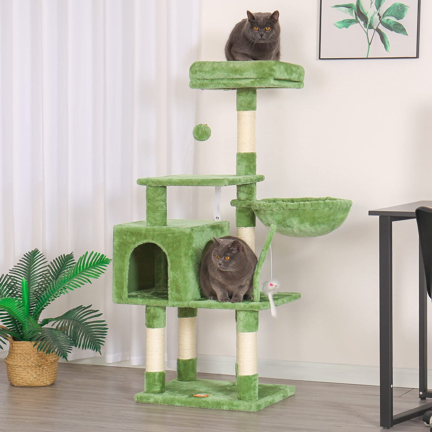Heybly Cat Tree with Toy, Cat Tower condo for Indoor Cats, Cat House with Padded Plush Perch, Cozy Hammock and Sisal Scratching Posts, Light Gray HCT004SW