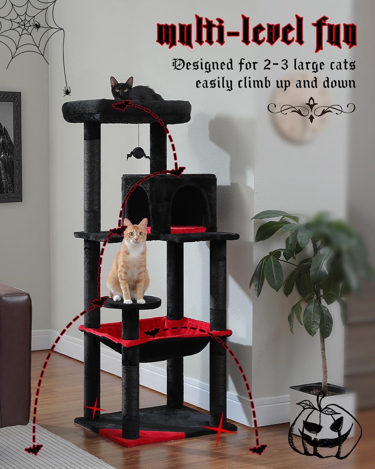 PEQULTI Cat Tree for Large Cats with Super Large Top Perch, [56.3"=143cm] Tower for Indoor Cats with Hammock and Sleeping Bag, Cat Shelves with Scratching Posts and 2 Condos Houses Grey