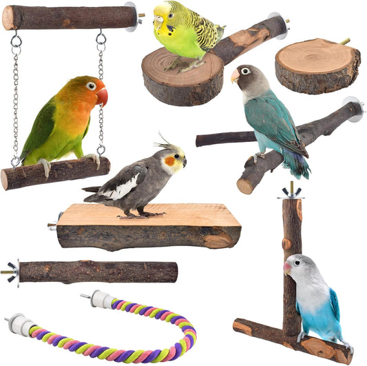 Bird Perches, 8pcs Natural Wood Parrot Perch Platform Chewing Toys Cage Accessories Hanging Multi-Branch Perch Stand Swing Toy Rope Perches for Small and Medium Parakeet, Budgies, Conures Furr-Reel