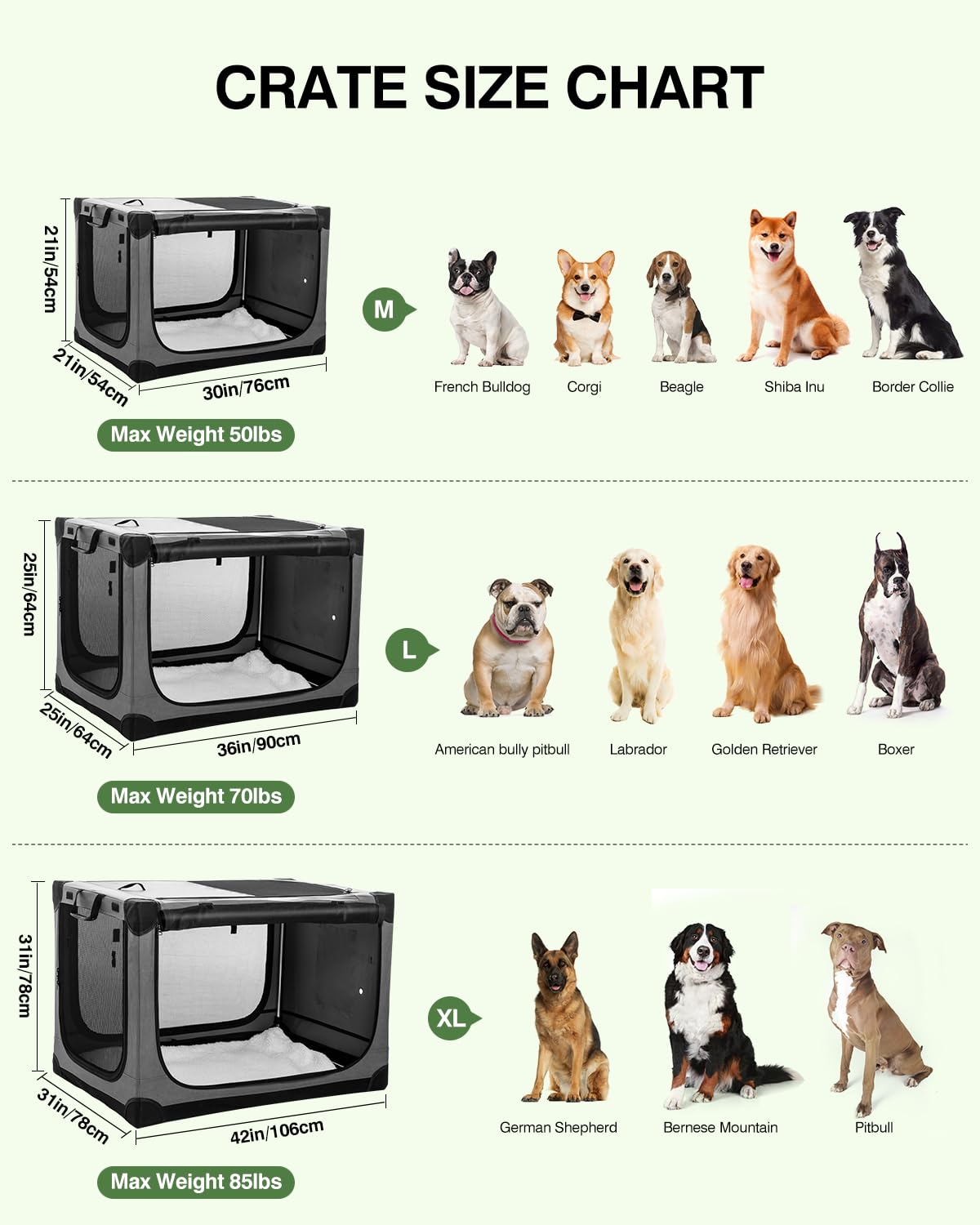 Veraste 30 Inch Collapsible Travel Dog Crate for Medium Large Dogs, Portable Dog Crate 4-Door Foldable Soft Kennel with Chew-Proof Mesh Windows for Indoor & Outdoor, with Storage Bag（Green）