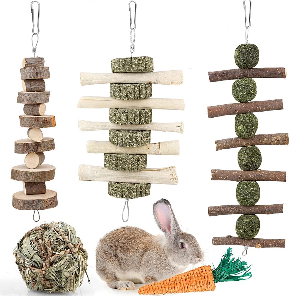 BBjinronjy Rabbit Chew Toys for Teeth,Rabbit Toys Pet Supplies,Guinea Pig Toys,Pet Cage Entertainment Accessories Handmade for Bunny Chinchilla Guinea Pig Hamsters Rat Gerbil (with 3pcs Molar String)