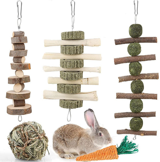 BBjinronjy Rabbit Chew Toys for Teeth,Rabbit Toys Pet Supplies,Guinea Pig Toys,Pet Cage Entertainment Accessories Handmade for Bunny Chinchilla Guinea Pig Hamsters Rat Gerbil (with 3pcs Molar String)