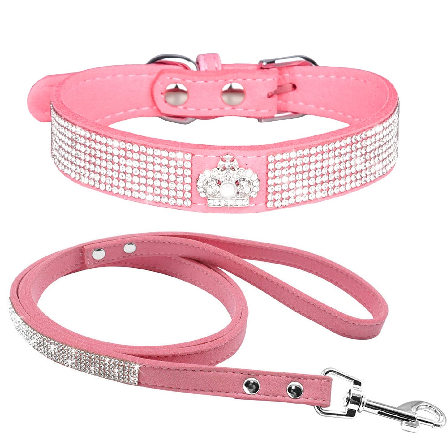 haoyueer Haoyueer Cute Dazzling Sparkling Elegant Fancy Soft Suede Leather Bling Rhinestone Crystal Jeweled Pet Cat Dog Puppy Collar Dog Leash Combo Set (XS,Pink-5)