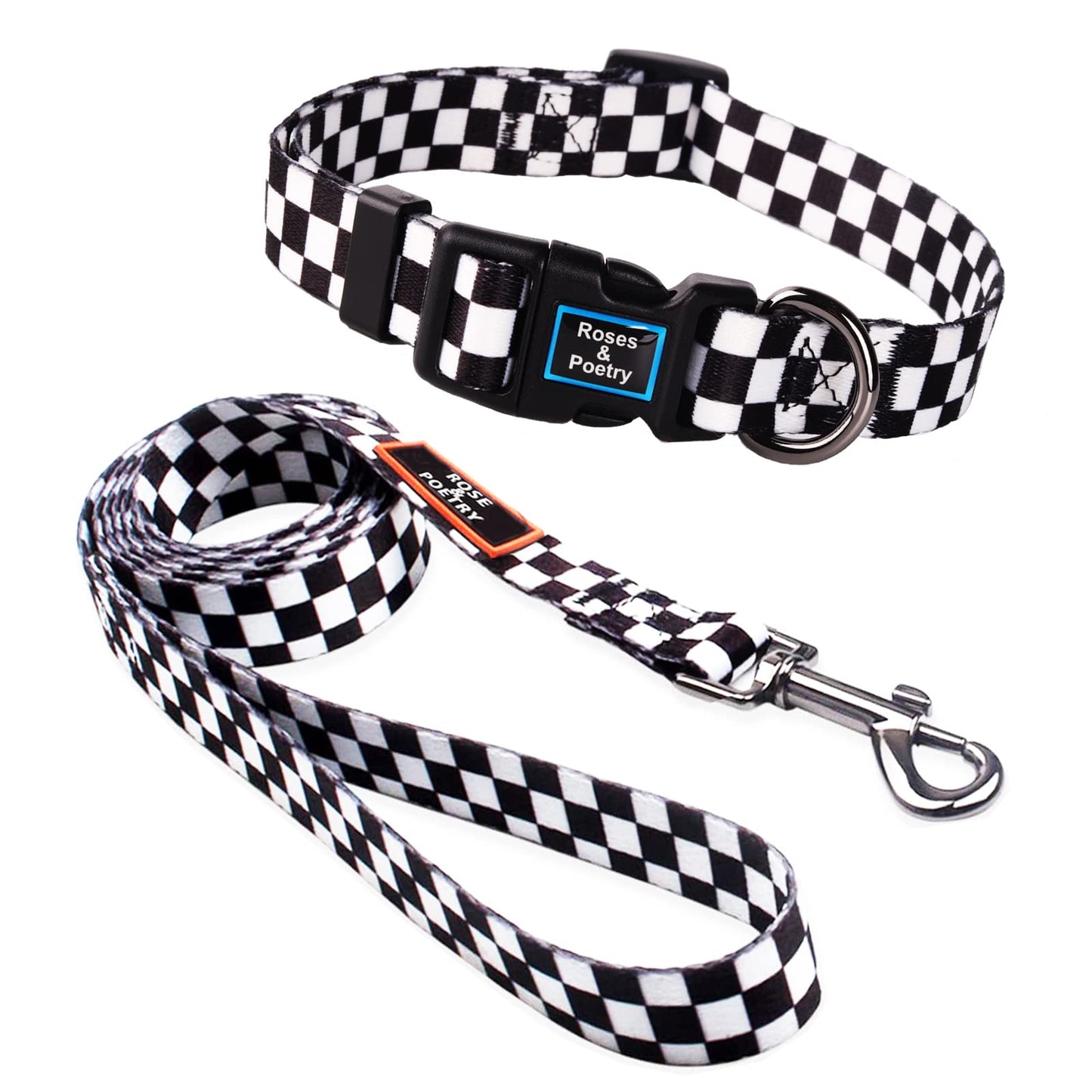 Roses&Poetry Dog Collar and Lead for Small, Adjustable Durable 5ft Puppy Leash Collar for Dog Training Lead (Black & White-S) - Furr-Reel