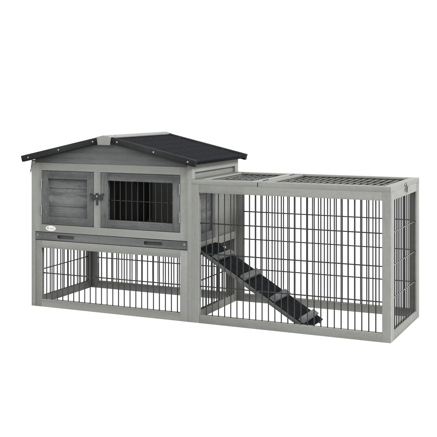 PawHut Solid Wood Rabbit Hutch Bunny Cage Pet Guinea Pig House Outdoor Small Animal Habitat w/Ramp, Weather-Resistant Asphalt Openable Roof, Pull-Out Tray, Dark Grey