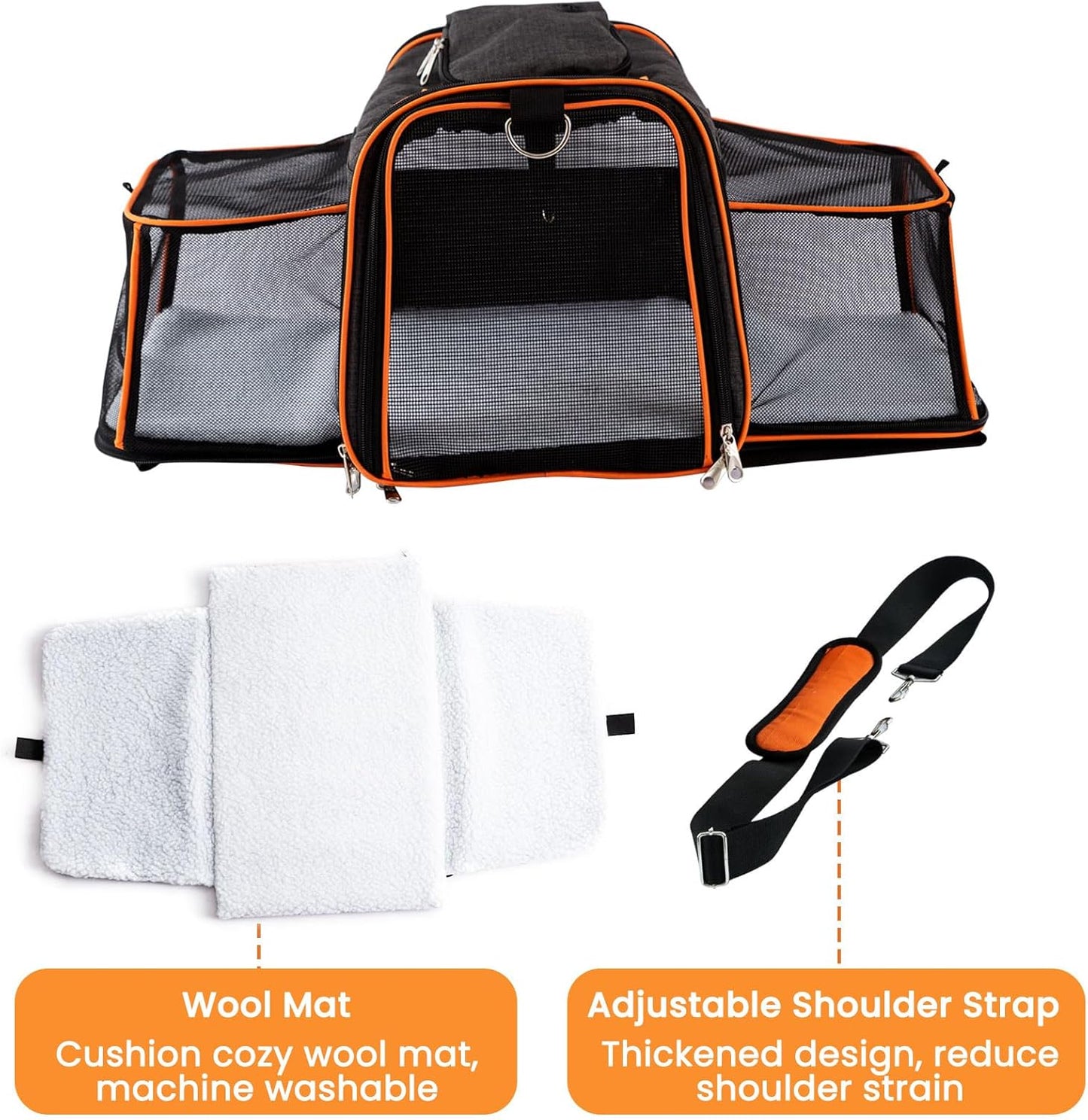 45x28x28cm Expandable Pet Carrier for Cats and Dogs up to 6kg, TSA Airline Approved, Alloy Accessory, Soft Sided Cat Carrier with Removable Wool Mat, Collapsible Travel Carrier for Cat Furr-Reel