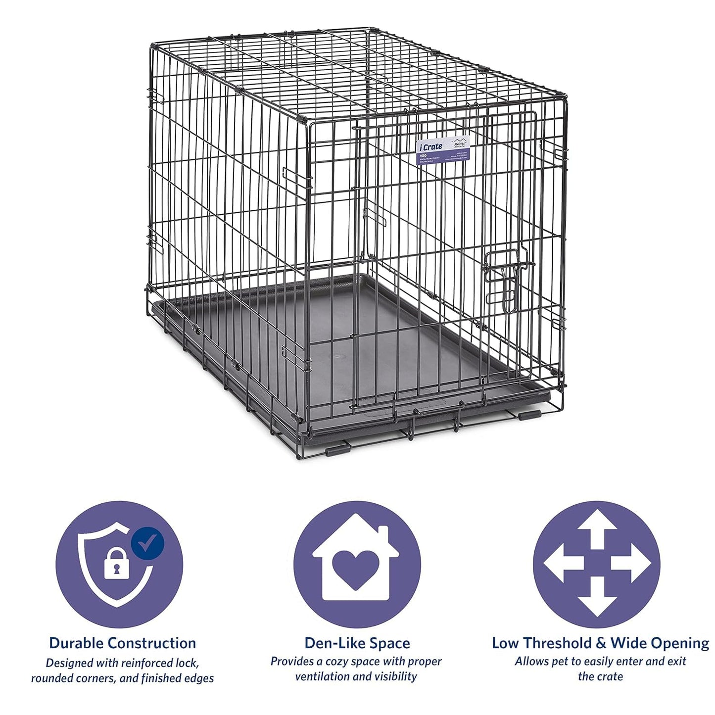 Dog Crate | MidWest iCrate 30" Folding Metal Dog Crate w/ Divider Panel, Floor Protecting Feet & Leak-Proof Plastic Tray | 30L x 19W x 21H Inches, Medium Dog, Black