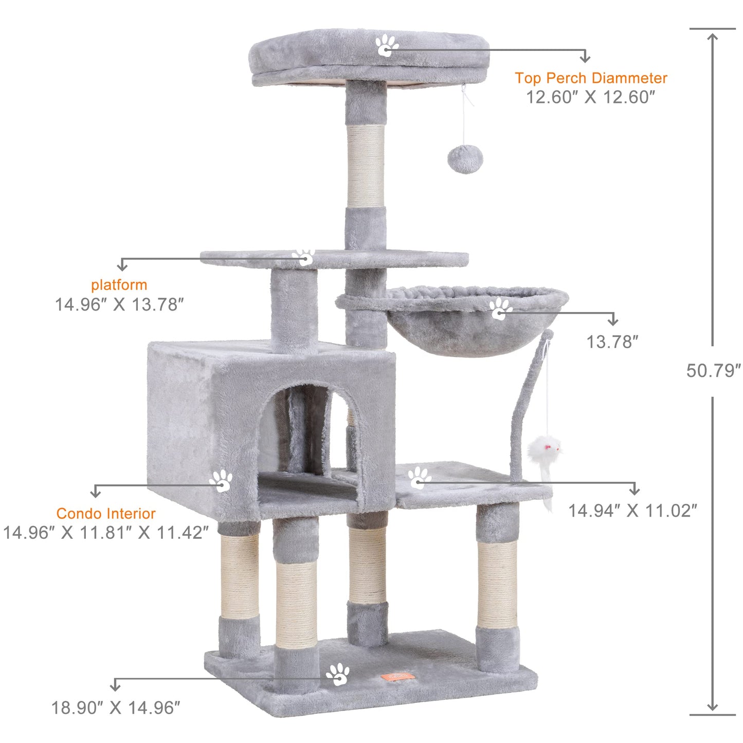 Heybly Cat Tree with Toy, Cat Tower condo for Indoor Cats, Cat House with Padded Plush Perch, Cozy Hammock and Sisal Scratching Posts, Light Gray HCT004SW