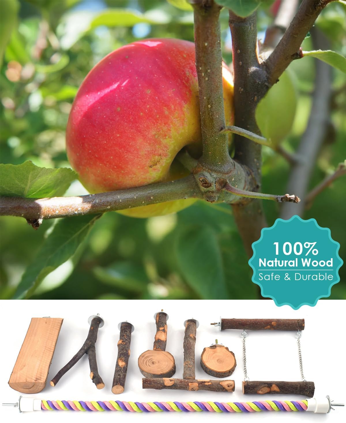 Bird Perches, 8pcs Natural Wood Parrot Perch Platform Chewing Toys Cage Accessories Hanging Multi-Branch Perch Stand Swing Toy Rope Perches for Small and Medium Parakeet, Budgies, Conures Furr-Reel