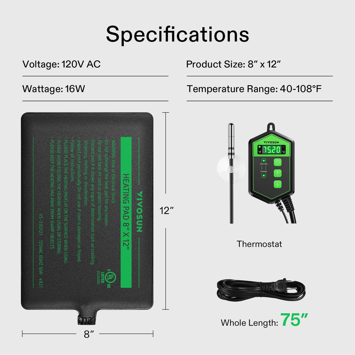 VIVOSUN Tapis chauffant pour reptiles de 15,2 x 20,3 cm avec thermostat combiné sous réservoir pour terrarium, surface imperméable pour tortues, lézards, grenouilles et autres reptiles