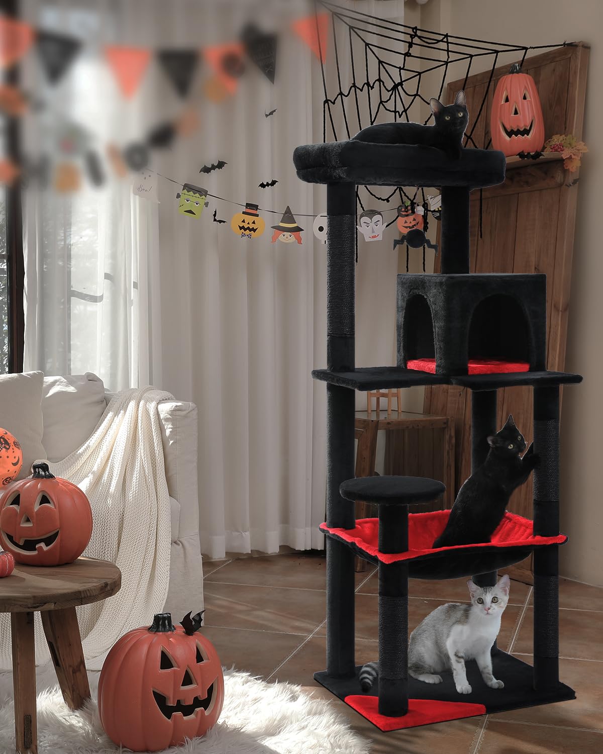 PEQULTI Cat Tree for Large Cats with Super Large Top Perch, [56.3"=143cm] Tower for Indoor Cats with Hammock and Sleeping Bag, Cat Shelves with Scratching Posts and 2 Condos Houses Grey