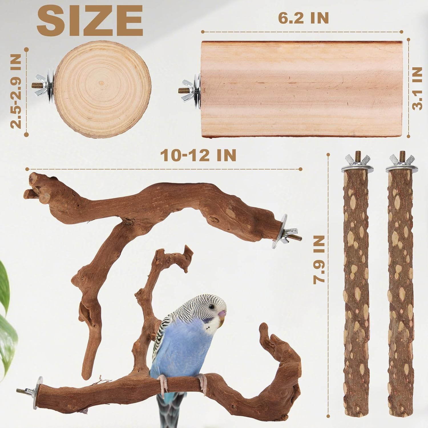 Parrot Perch Bird Perch Stand Set Natural Wild Wood Grape Sticks Paw Grinding Fork Parakeet Climbing Standing Branches Toys Cage Accessories for Conure,Cockatiels Lovebirds,Budgies Chewable 6PC Furr-Reel