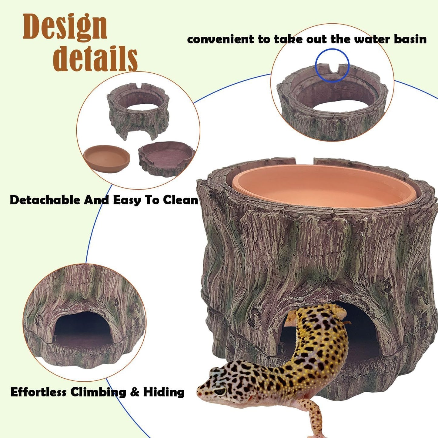 3 in 1 Reptile Hide Cave with Detachable Base & Humidity Dish for Bearded Dragon, Tank Terrarium Decor Humid Hideout for Small Reptiles Crested Gecko, Leopard, Lizard, Snake, Crabs (Hideout 3 in 1)