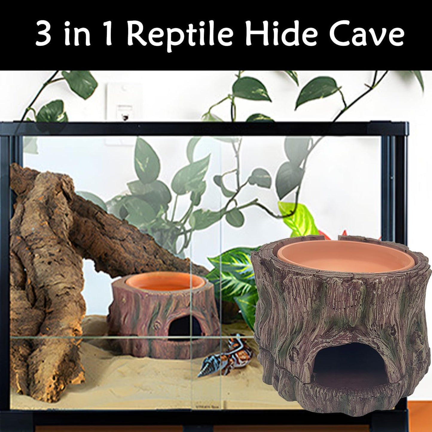 3 in 1 Reptile Hide Cave with Detachable Base & Humidity Dish for Bearded Dragon, Tank Terrarium Decor Humid Hideout for Small Reptiles Crested Gecko, Leopard, Lizard, Snake, Crabs (Hideout 3 in 1)