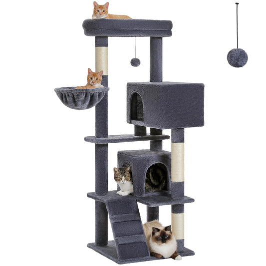 PEQULTI Cat Tree for Large Cats with Super Large Top Perch, [56.3"=143cm] Tower for Indoor Cats with Hammock and Sleeping Bag, Cat Shelves with Scratching Posts and 2 Condos Houses Grey