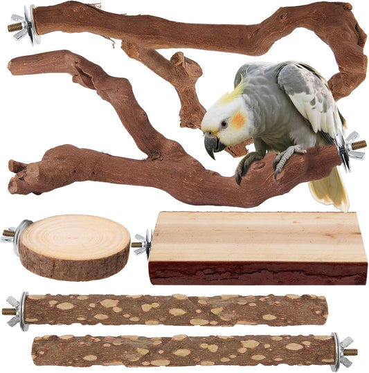 Parrot Perch Bird Perch Stand Set Natural Wild Wood Grape Sticks Paw Grinding Fork Parakeet Climbing Standing Branches Toys Cage Accessories for Conure,Cockatiels Lovebirds,Budgies Chewable 6PC Furr-Reel
