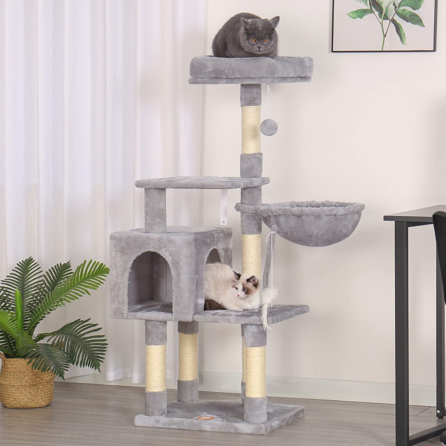 Heybly Cat Tree with Toy, Cat Tower condo for Indoor Cats, Cat House with Padded Plush Perch, Cozy Hammock and Sisal Scratching Posts, Light Gray HCT004SW