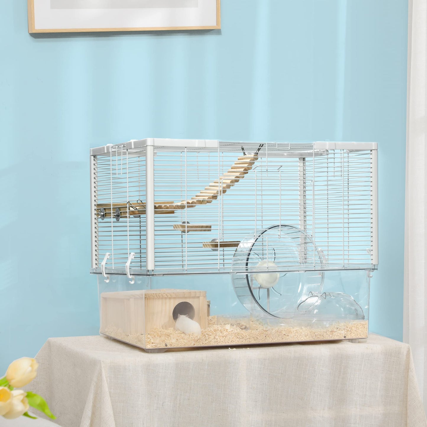 PawHut Hamster Cage, Transparent Small Animal House with Deep Bottom, Wooden Ramp, Hut, Bathroom and Exercise Wheel for Hamster and Gerbil, 23.2" L x 14" W x 18.5" H, Two Huts