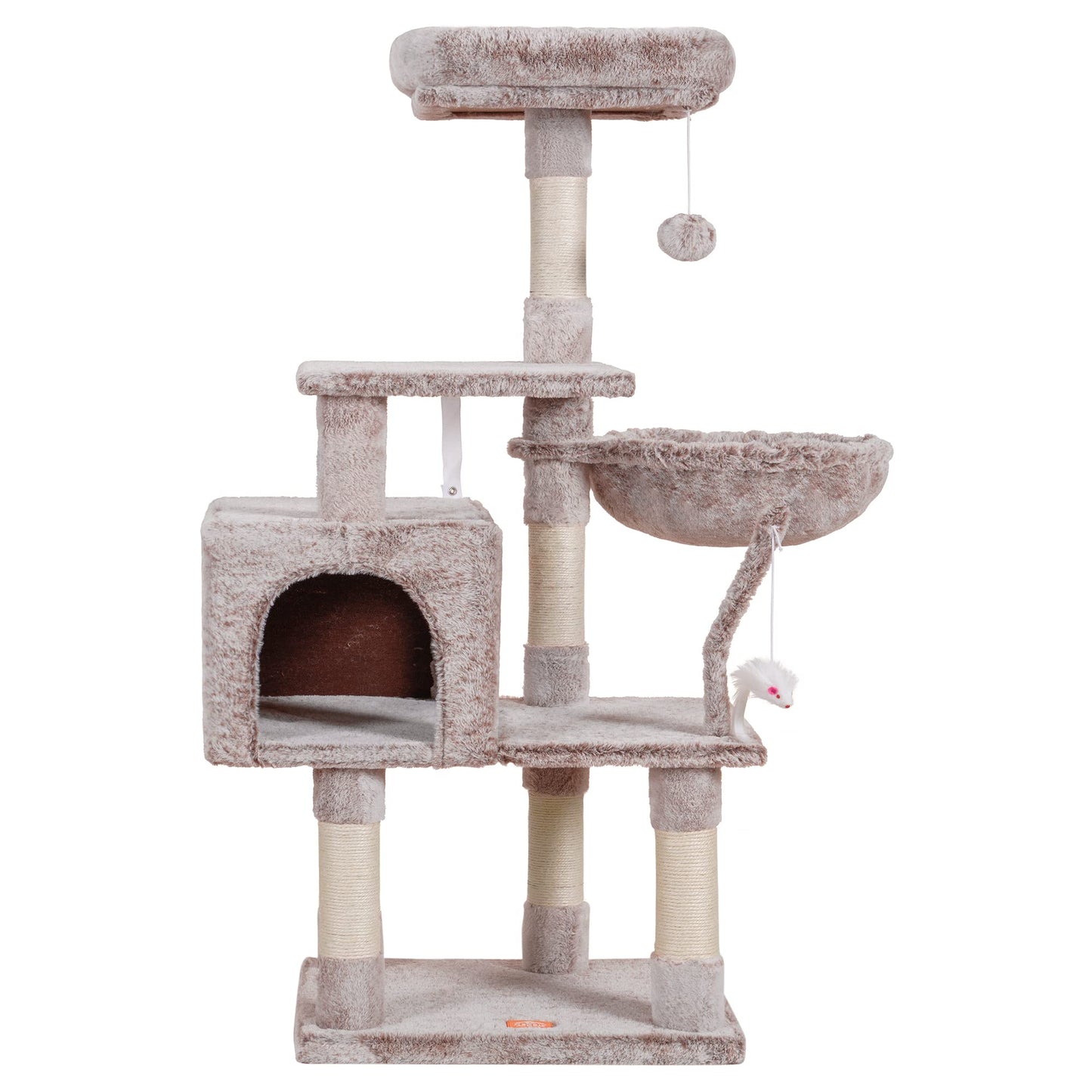 Heybly Cat Tree with Toy, Cat Tower condo for Indoor Cats, Cat House with Padded Plush Perch, Cozy Hammock and Sisal Scratching Posts, Light Gray HCT004SW