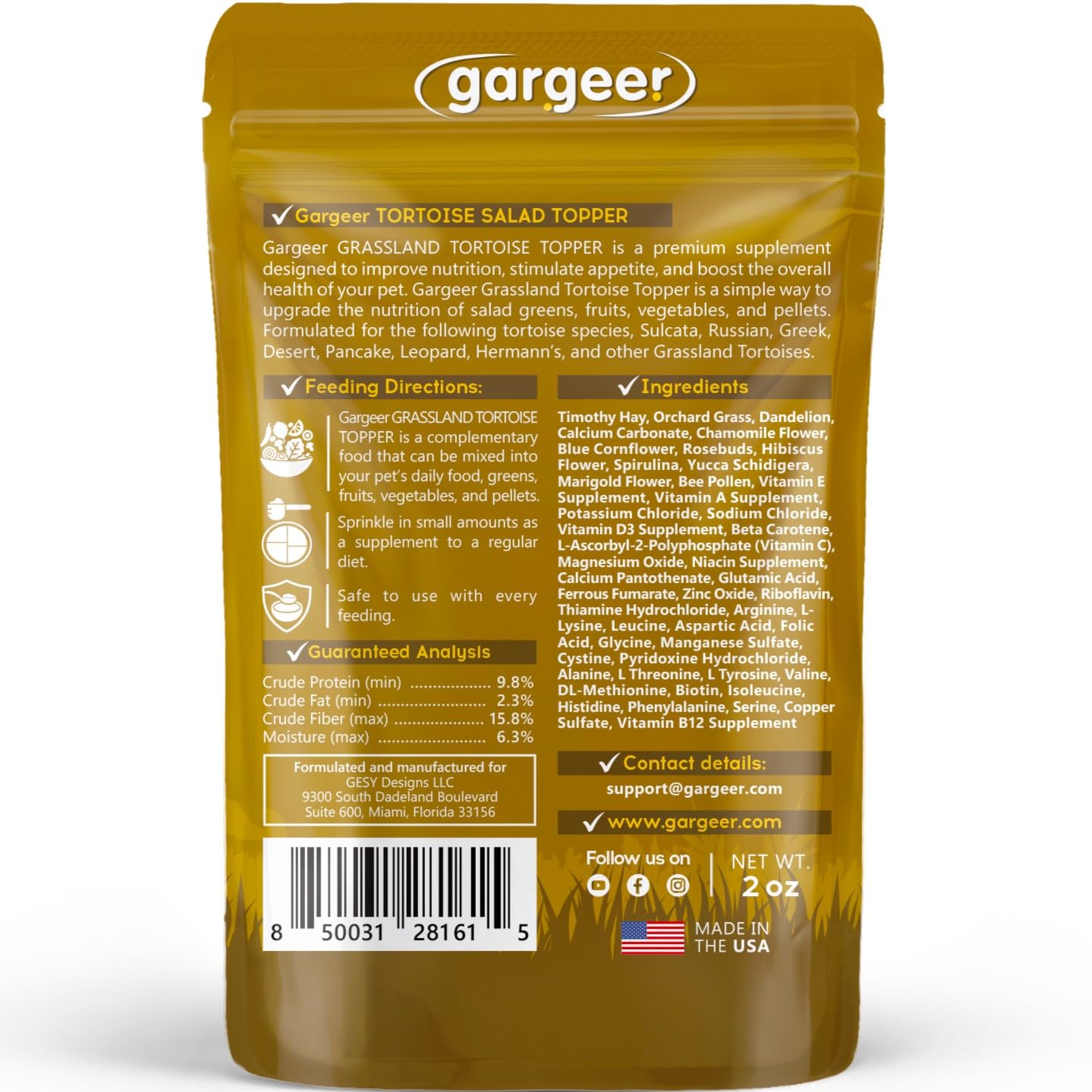 Gargeer Bearded Dragon Salad Topper: Supercharge Healthy Diet Supplement - Essential Nutrition Care Blend for Strength & Robust Immune System in Juvenile & Adult Dragons 2oz, Made in The USA. Enjoy!