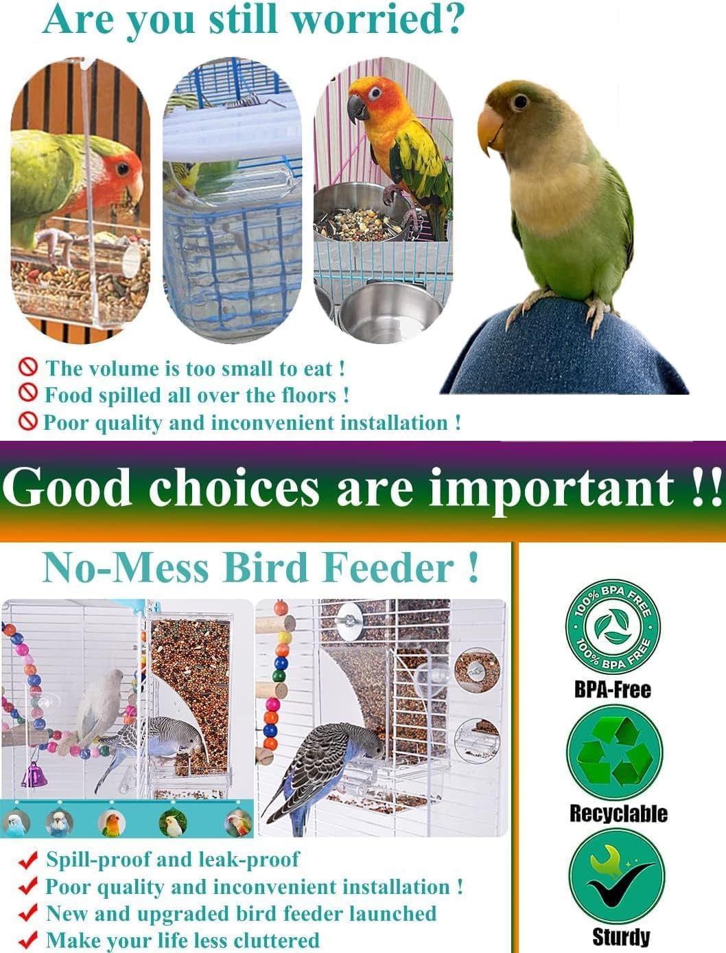 Transparent Acrylic Automatic Bird Feeder for Cage and Bird Water Dispenser, No Mess Bird Feeder, Parakeet Seed Container Food Feeder Drinker for Parrot Feeder Cage Accessories, Cockatiel Canary