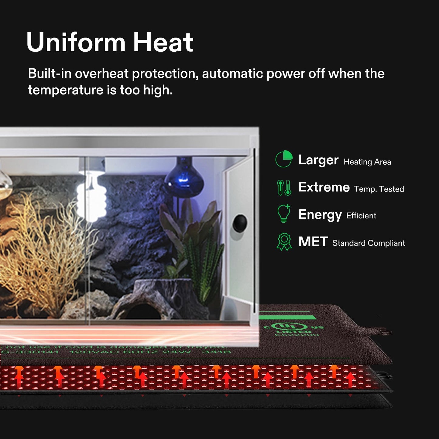 VIVOSUN Tapis chauffant pour reptiles de 15,2 x 20,3 cm avec thermostat combiné sous réservoir pour terrarium, surface imperméable pour tortues, lézards, grenouilles et autres reptiles