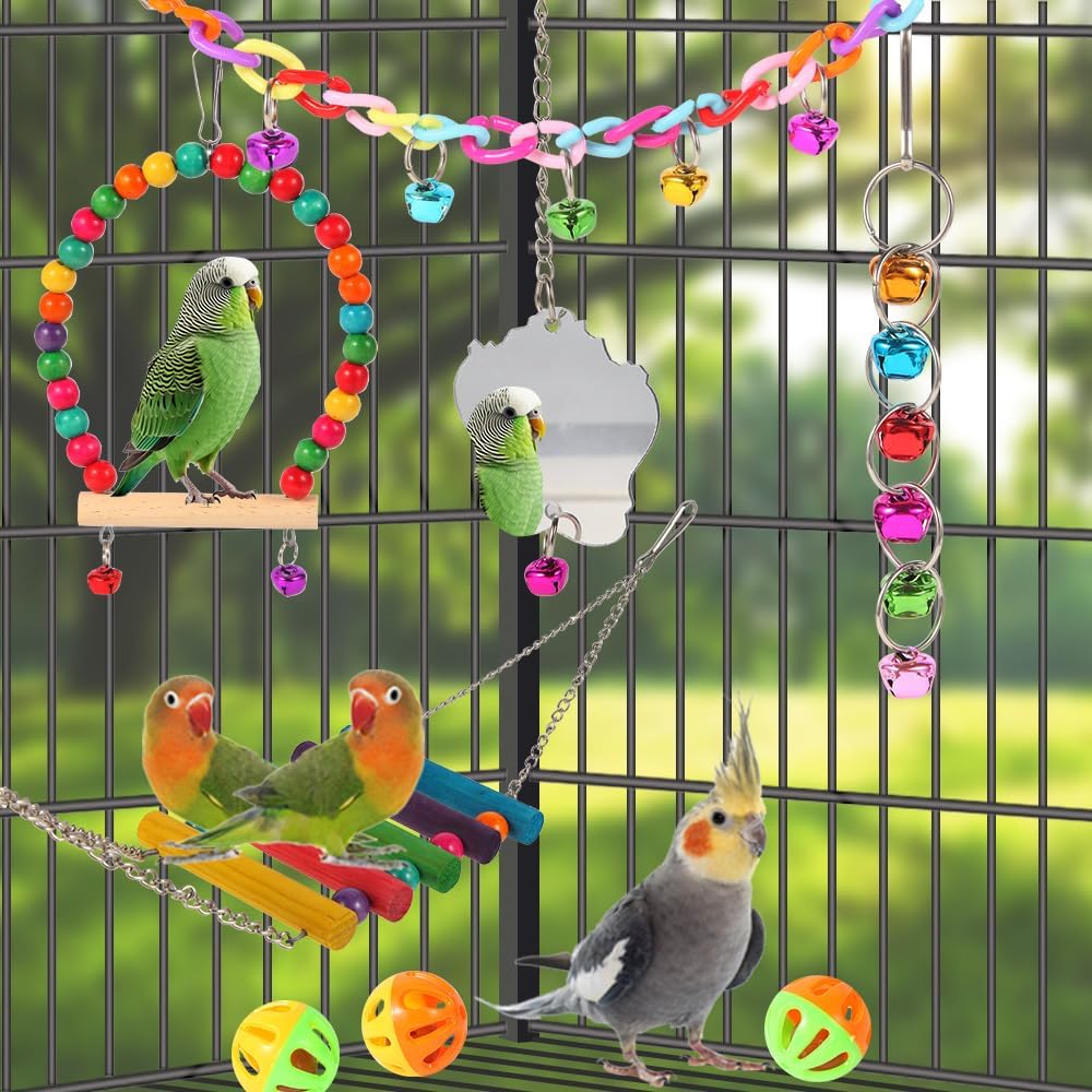 YIXUND Bird Toys for Parakeets, Parrots, Conures, Cockatiels, Love Birds, Finches, Mynah, Budgerigar - 9Pcs Wooden Ladder Bridge, Swing, Hammock, Cage Accessories