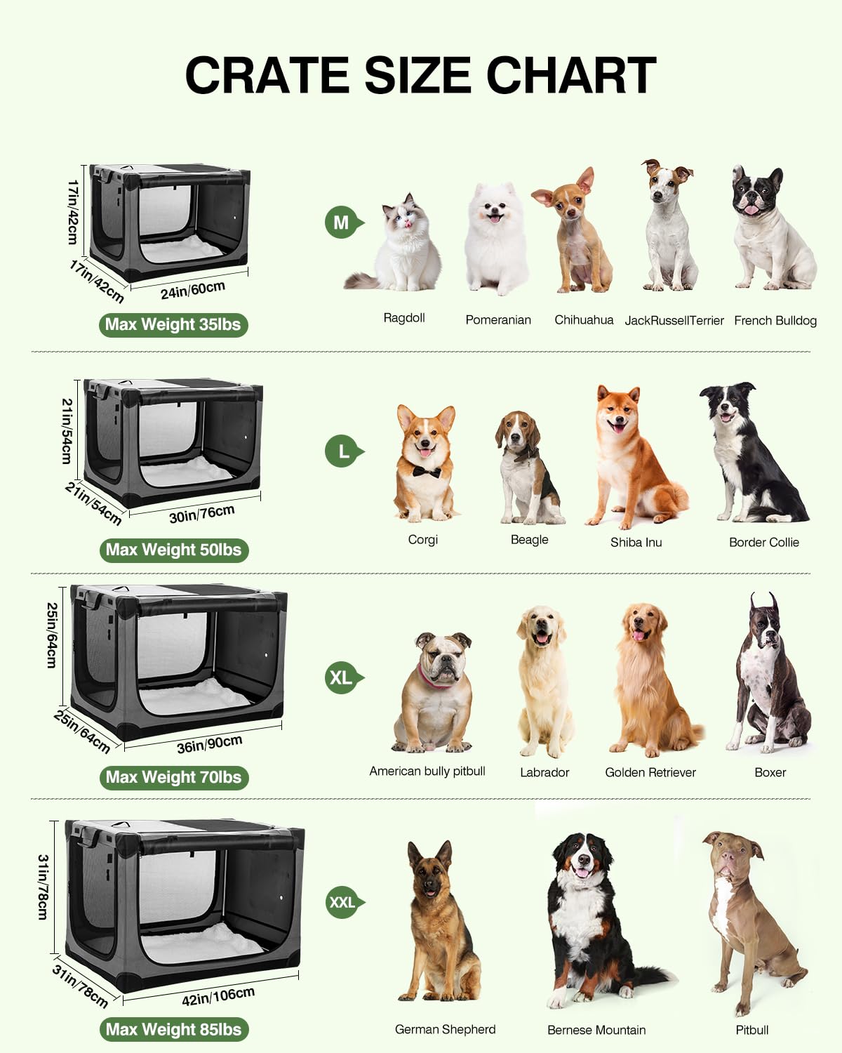 Veraste 30 Inch Collapsible Travel Dog Crate for Medium Large Dogs, Portable Dog Crate 4-Door Foldable Soft Kennel with Chew-Proof Mesh Windows for Indoor & Outdoor, with Storage Bag（Green）