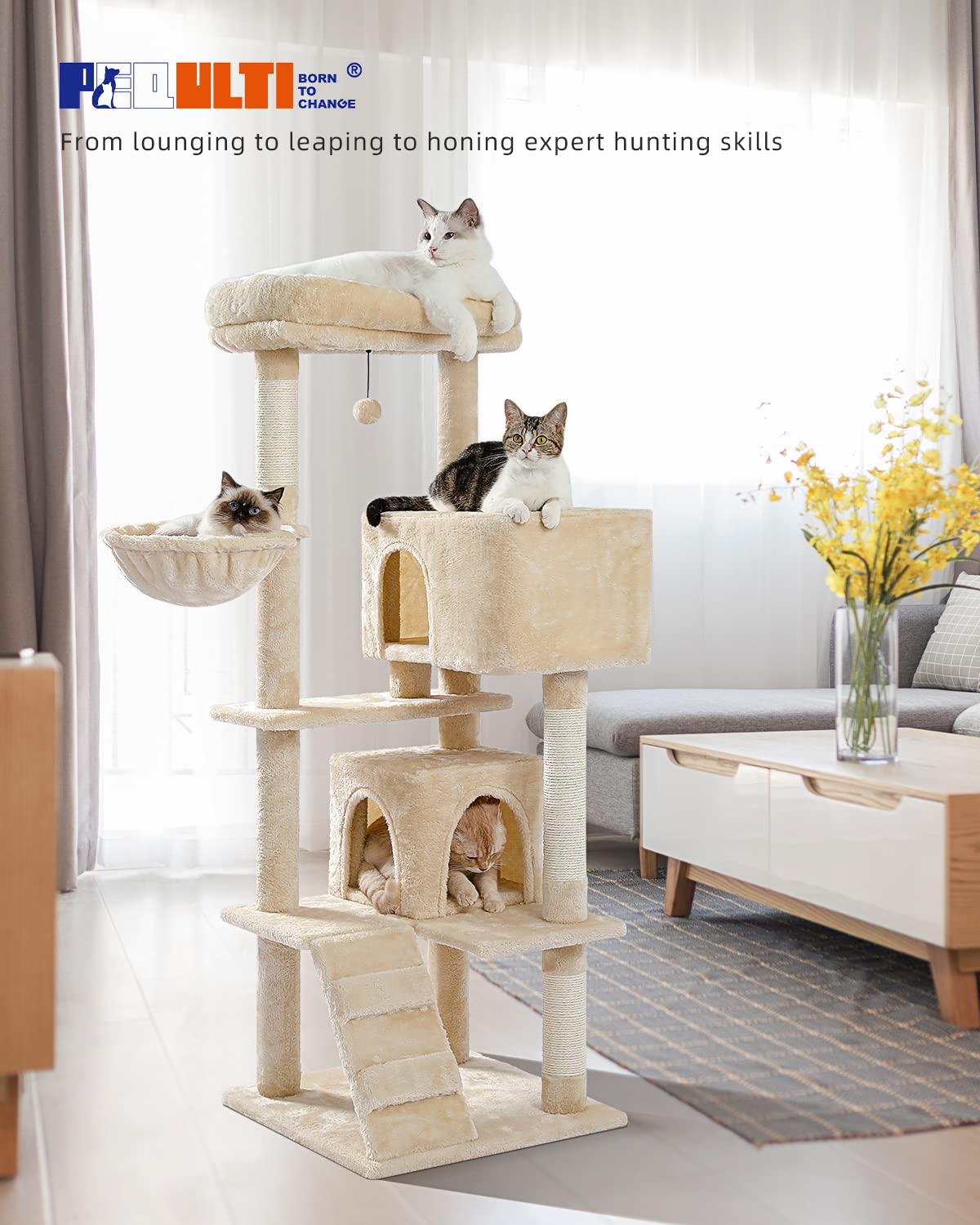 PEQULTI Cat Tree for Large Cats with Super Large Top Perch, [56.3"=143cm] Tower for Indoor Cats with Hammock and Sleeping Bag, Cat Shelves with Scratching Posts and 2 Condos Houses Grey