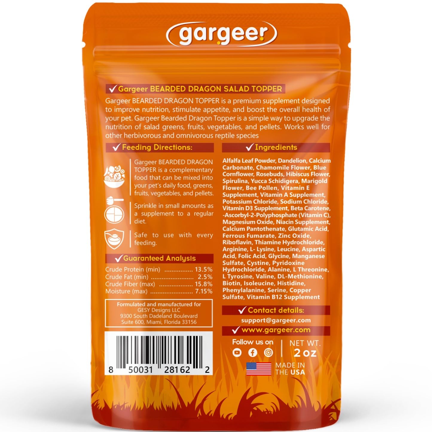 Gargeer Bearded Dragon Salad Topper: Supercharge Healthy Diet Supplement - Essential Nutrition Care Blend for Strength & Robust Immune System in Juvenile & Adult Dragons 2oz, Made in The USA. Enjoy!