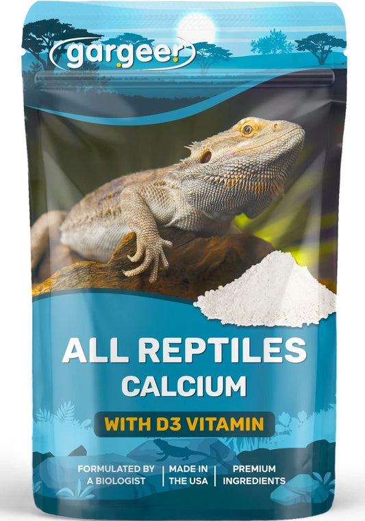 Gargeer 4oz All Reptile Calcium with Vitamin D3, Phosphorus-Free, Ultrafine Powder. Pure dust, Real Fruits Blend Flavored Ready to Use Supplement, for Lizards & Amphibians. Made in The USA. Enjoy !