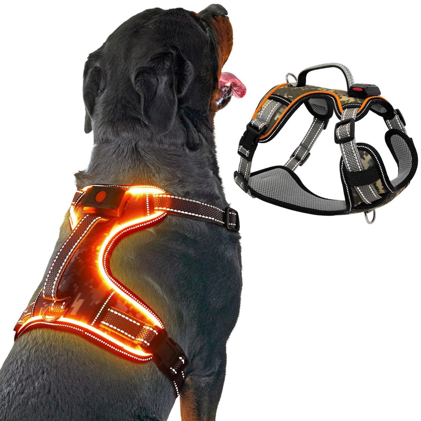 Light Up Dog Harness No Pull, LED Dog Harness with Soft Handle Rechargeable, Lighted Glowing Pet Vest Harness for Large Dogs Night Walking, Reflective/4 Point Adjustable/High Visibility - Orange, L Furr-Reel