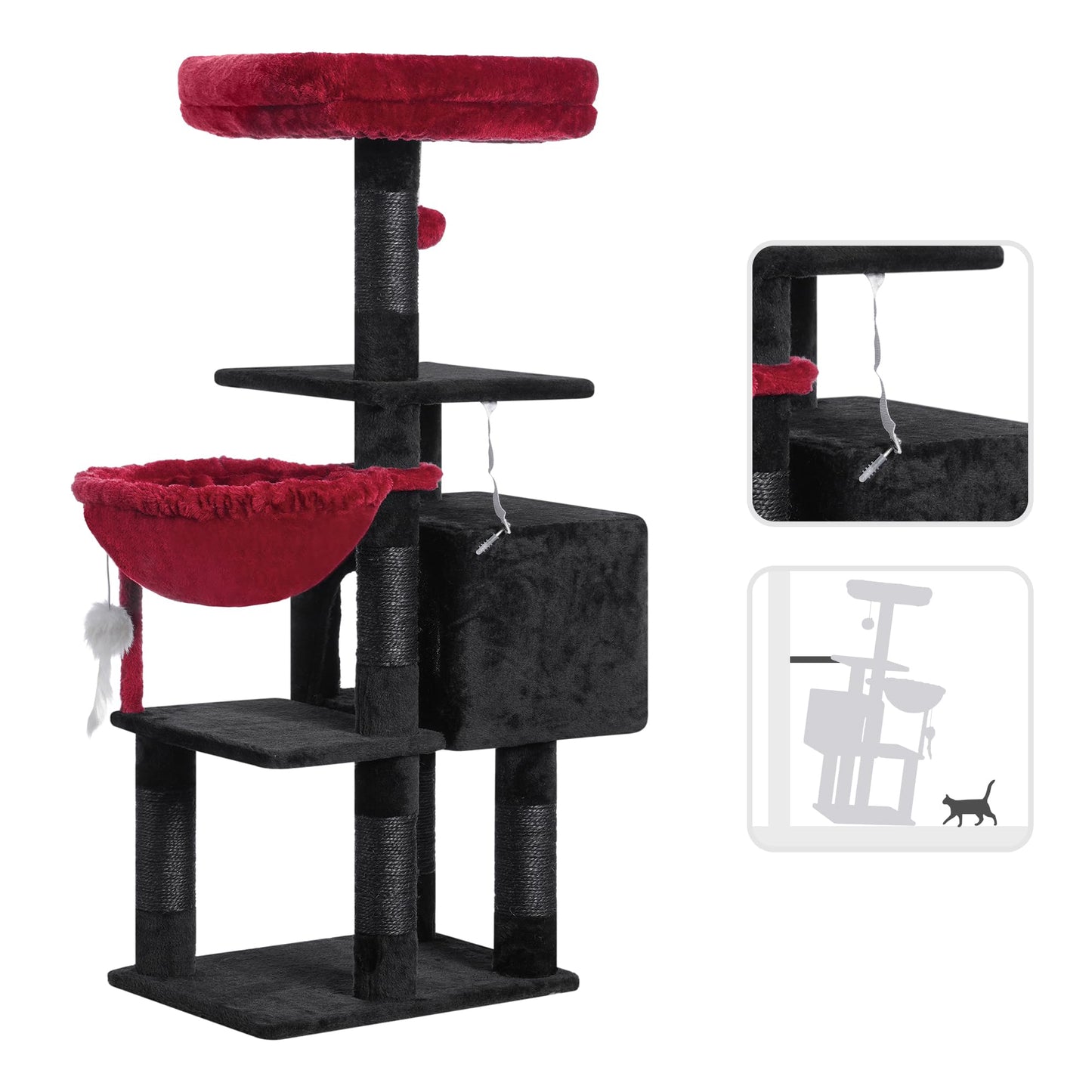 Heybly Cat Tree with Toy, Cat Tower condo for Indoor Cats, Cat House with Padded Plush Perch, Cozy Hammock and Sisal Scratching Posts, Light Gray HCT004SW