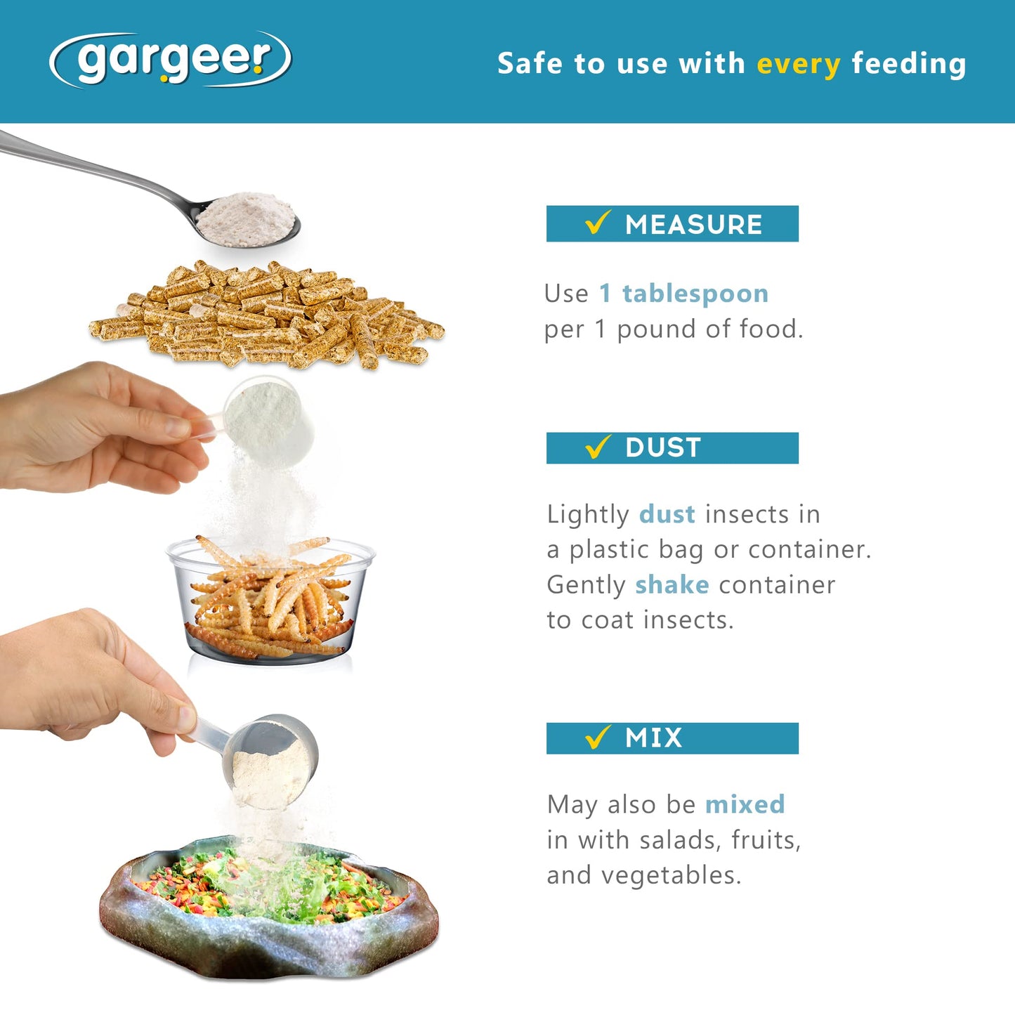 Gargeer 4oz All Reptile Calcium with Vitamin D3, Phosphorus-Free, Ultrafine Powder. Pure dust, Real Fruits Blend Flavored Ready to Use Supplement, for Lizards & Amphibians. Made in The USA. Enjoy !