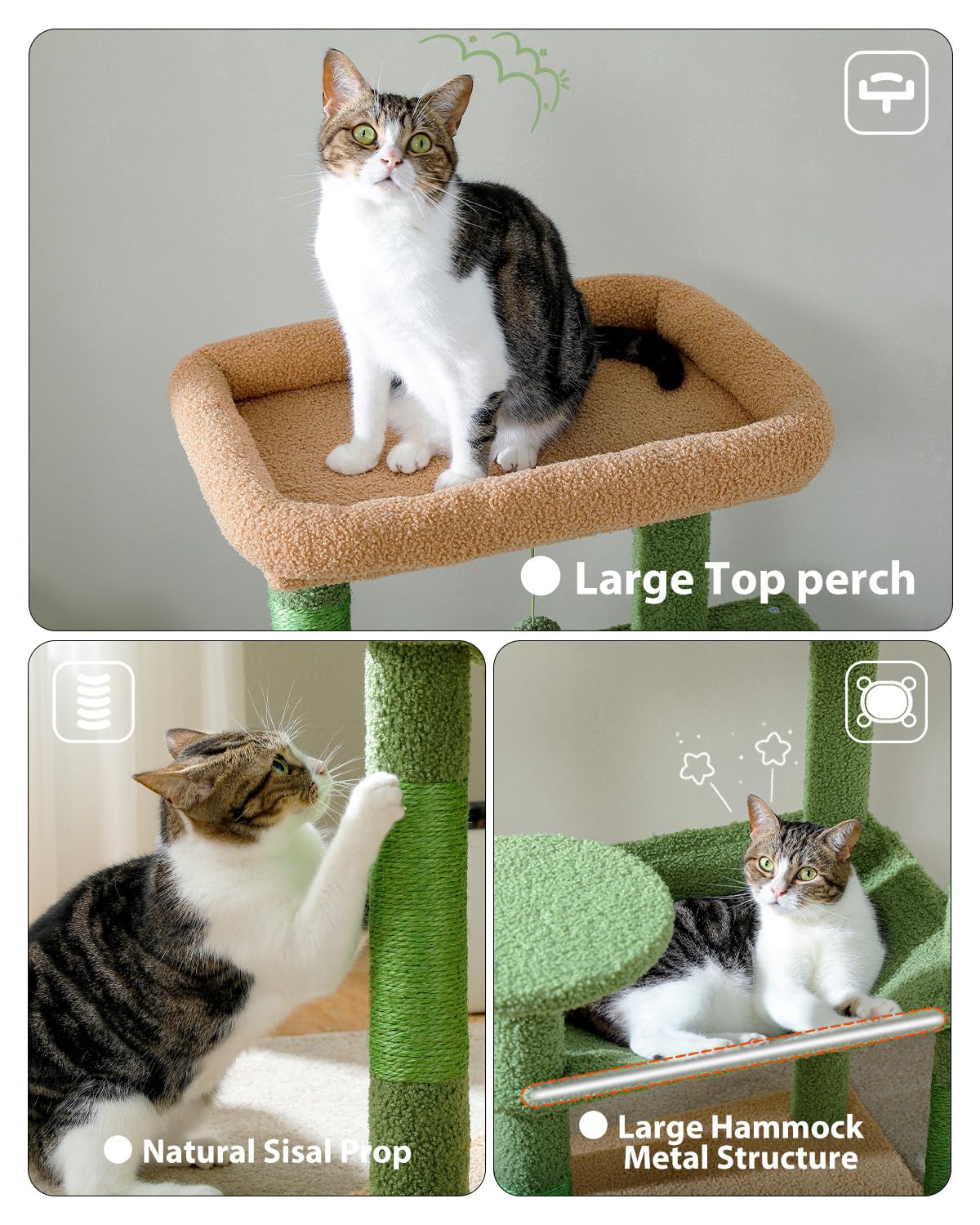PEQULTI Cat Tree for Large Cats with Super Large Top Perch, [56.3"=143cm] Tower for Indoor Cats with Hammock and Sleeping Bag, Cat Shelves with Scratching Posts and 2 Condos Houses Grey