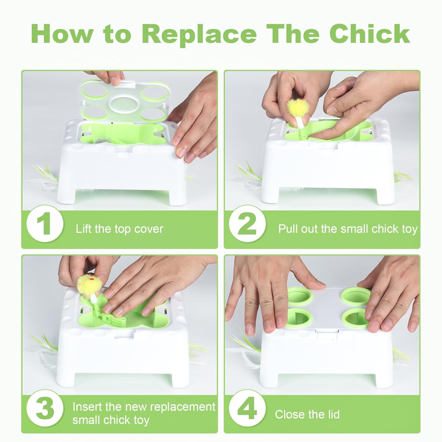 Bolpetizo Interactive Cat Toys, 2-in-1 Automatic Cat Toy, 4 Holes Mice Whack A Mole, Cat Mouse Toy with Chirping Bird Sound, Moving Feather, Portable USB Rechargeable Electronic Kitten Toy White Green