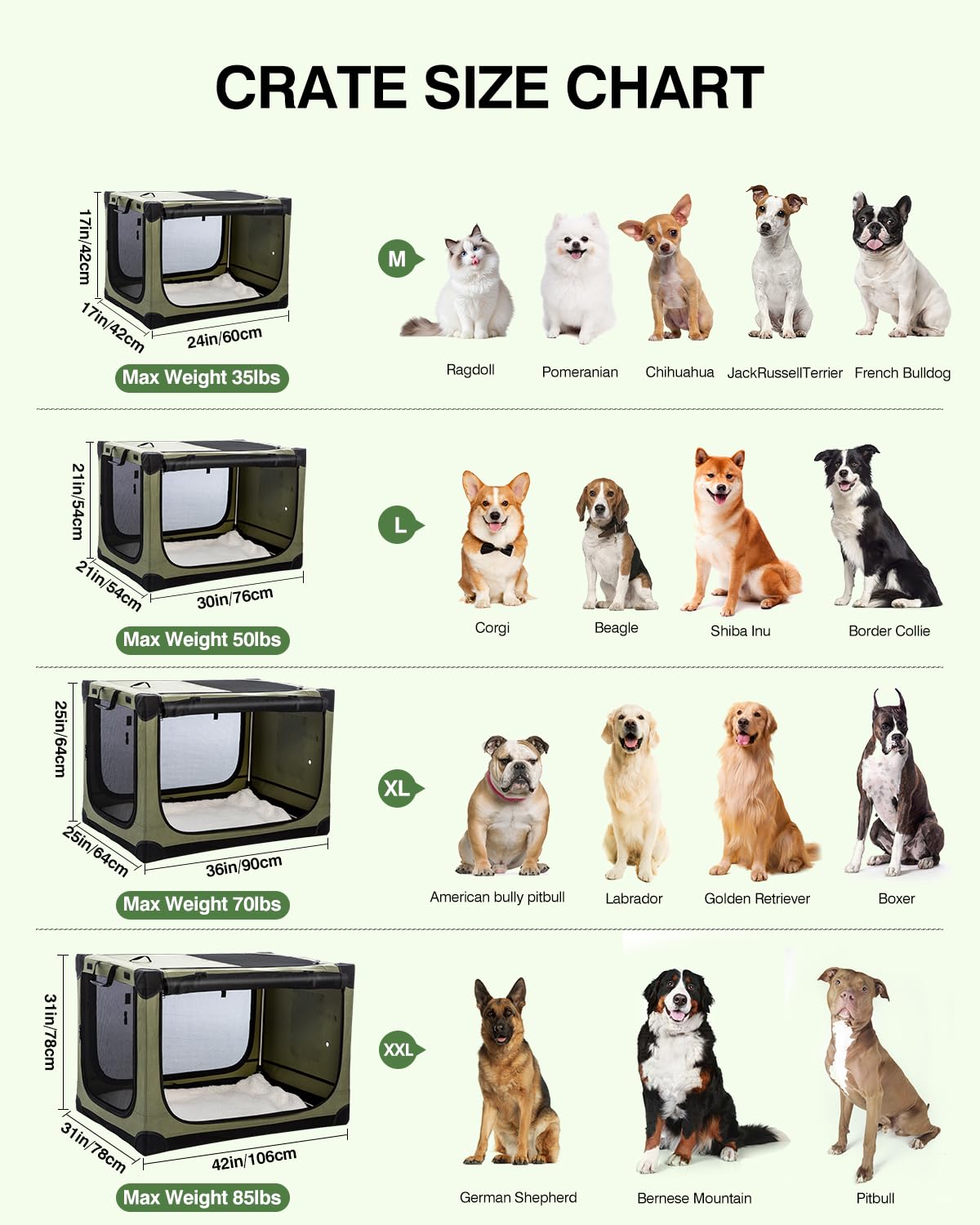Veraste 30 Inch Collapsible Travel Dog Crate for Medium Large Dogs, Portable Dog Crate 4-Door Foldable Soft Kennel with Chew-Proof Mesh Windows for Indoor & Outdoor, with Storage Bag（Green）