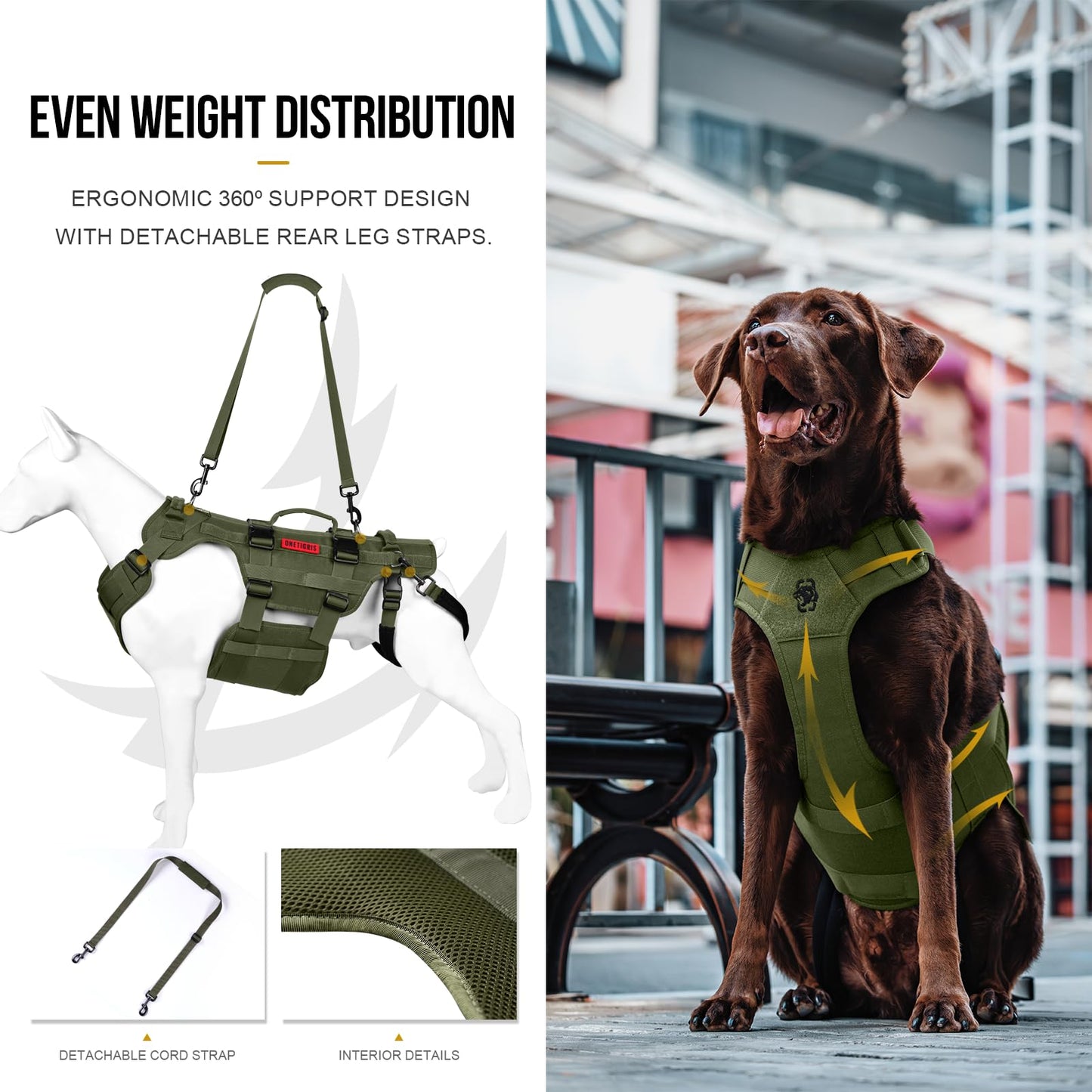OneTigris Dog Lift Harness - Large Dog Support Sling with Handles, Hip Support Brace (Black, L)