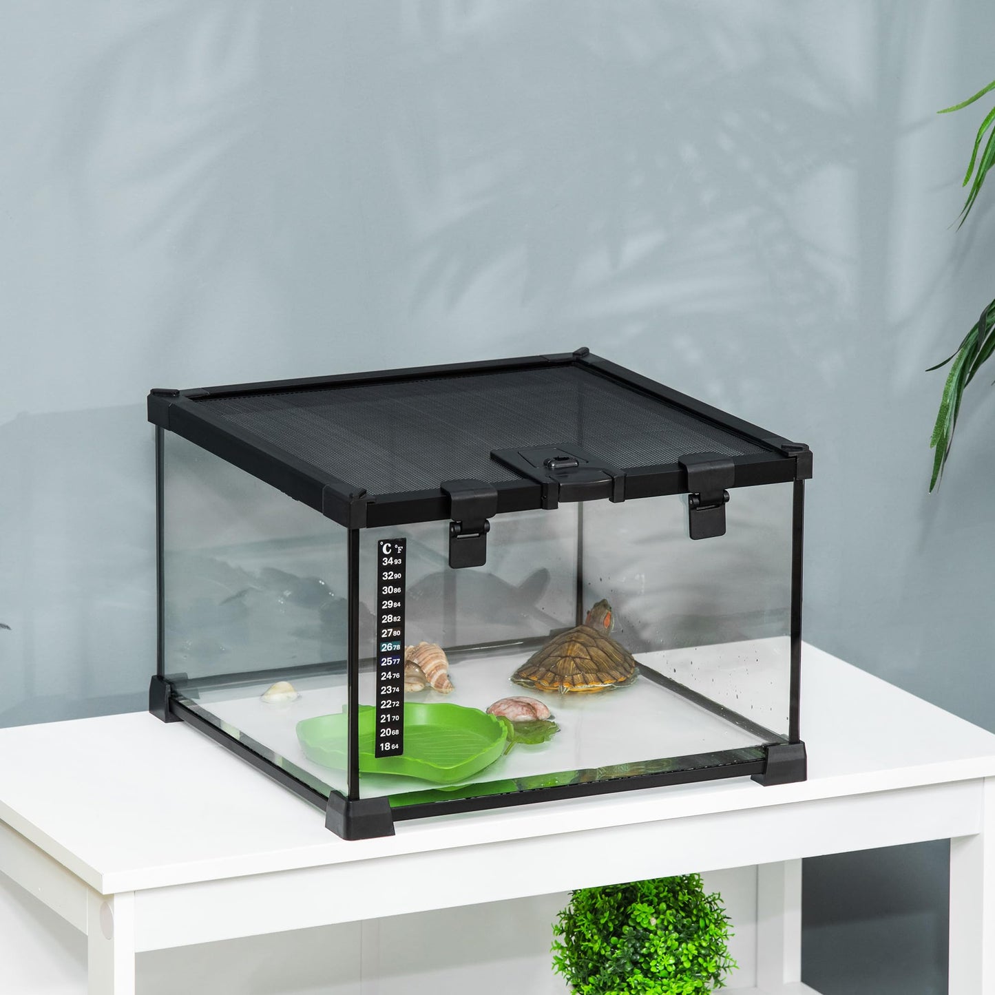 PawHut Glass Reptile Terrarium, 20"x12"x10"Jumping Spider Enclosure with Thermometer, Water Basin, Full View Visually for Lizards, Horned Frogs, Snakes, Spiders - Black - Furr-Reel