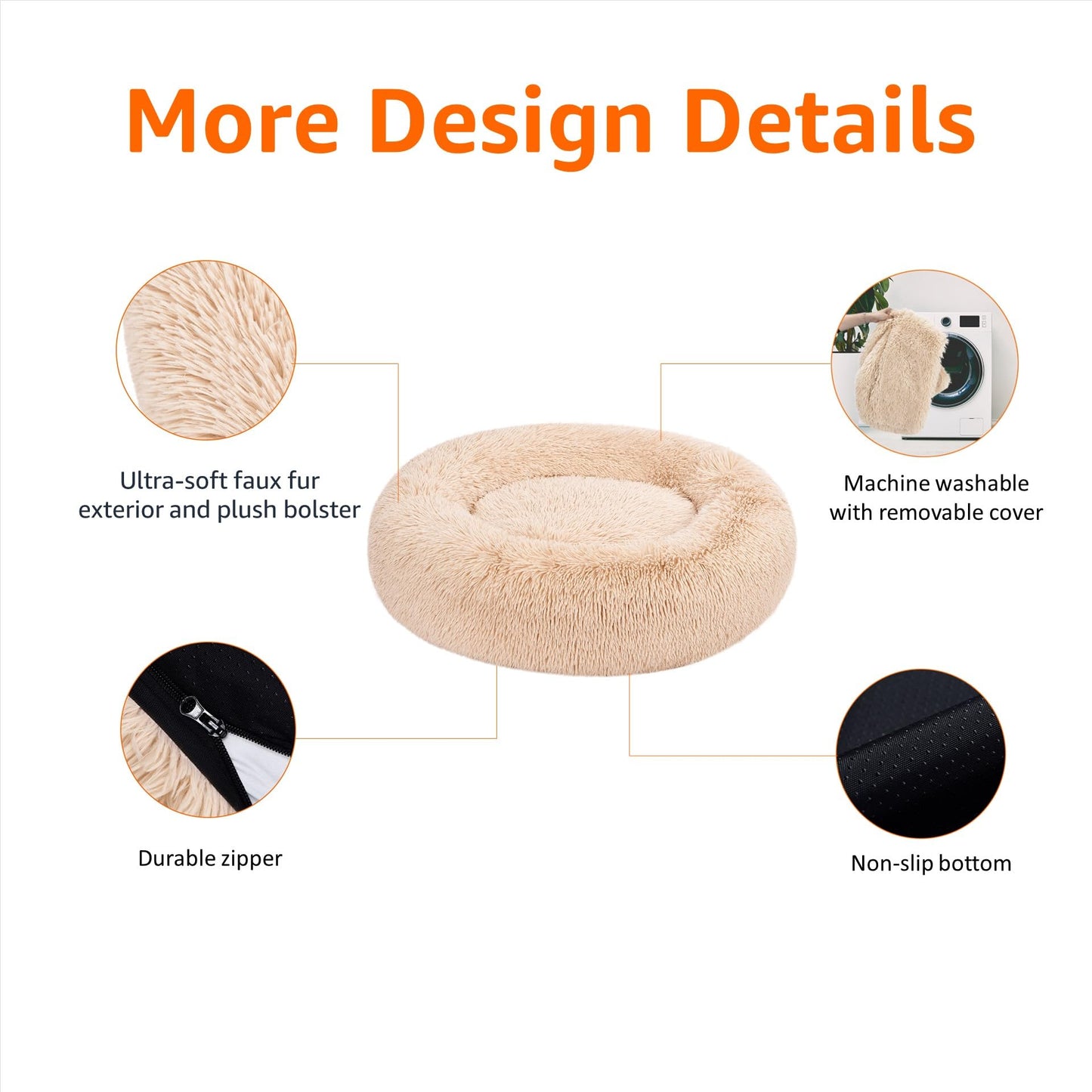 Amazon Basics Donut Pet Bolster Faux Fur Bed, Beige, 45" x 45"