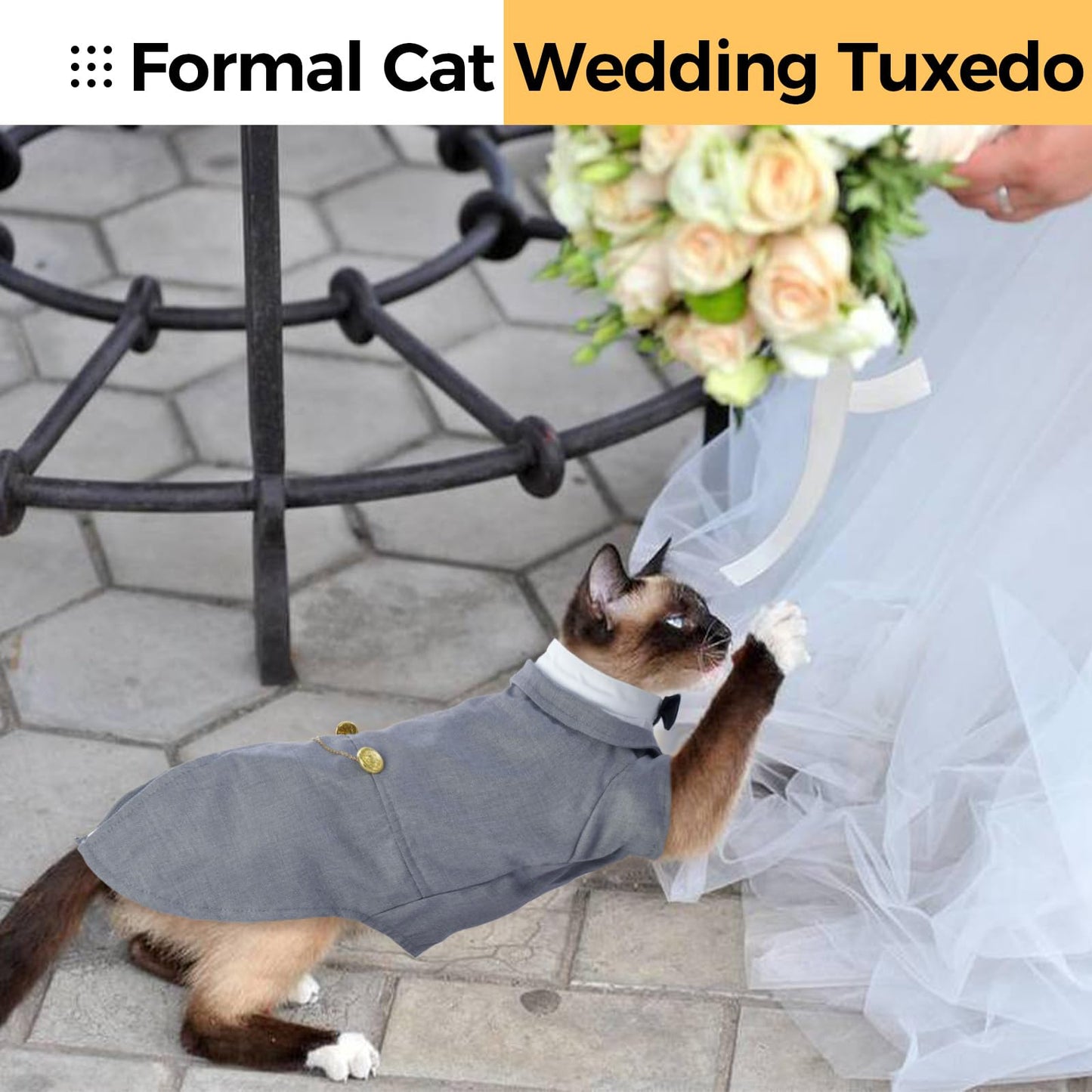 DENTRUN Cat Tuxedo Outfit, Sphynx Cat Costume Formal Suit with Bow Tie, Stylish Cat Shirt Fashion Apparel Fancy Clothes, Kitten Formal Attire Wedding Onesie Costume for Cats Only